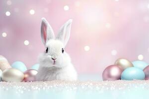 AI generated Beautiful Easter background with eggs, glitter, cute bunny and copy space for text. Soft, pastel colors. Tranquil and joyful scene. Perfect for holiday-themed designs, greeting cards. photo