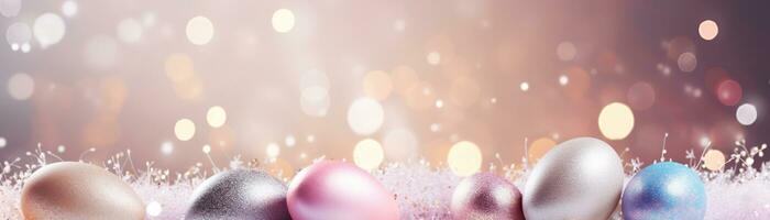 AI generated Enchanting Easter background with eggs, glitter, bokeh lights and copy space for text. Pastel colors. Tranquil and joyful scene. Perfect for holiday-themed designs. Panoramic banner photo