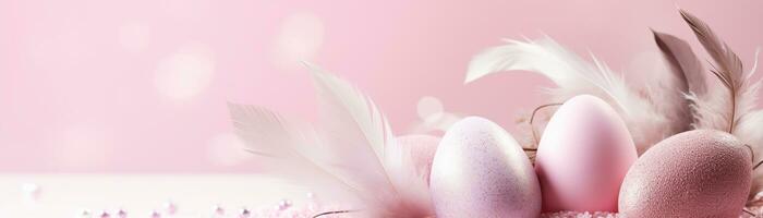 AI generated Enchanting, pink Easter background with eggs, feathers and copy space for text. Soft, pastel colors. Tranquil and joyful scene. Perfect for holiday-themed designs. Panoramic banner. photo