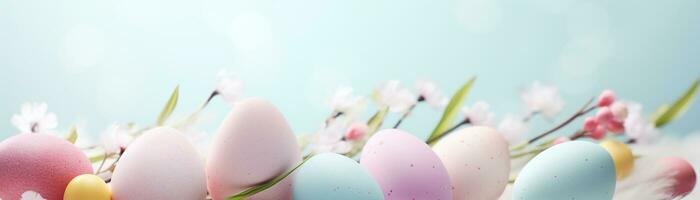 AI generated Enchanting Easter background with eggs, flowers and copy space for text. Soft, pastel colors. Tranquil and joyful scene. Perfect for holiday-themed designs. Panoramic banner. photo