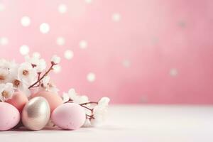 AI generated Enchanting Easter background with eggs, flowers, bokeh lights and copy space for text. Soft, pastel colors. Tranquil and joyful scene. Perfect for holiday-themed designs, greeting cards. photo