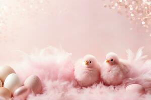 AI generated Enchanting, pink Easter background with eggs, two cute birds, glitter and copy space for text. Soft color. Tranquil, joyful scene. Perfect for holiday-themed designs, greeting cards photo