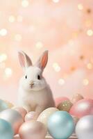 AI generated Beautiful Easter background with eggs, glitter, cute bunny and copy space for text. Soft, pastel colors. Tranquil and joyful scene. Perfect for holiday-themed designs, greeting cards. photo