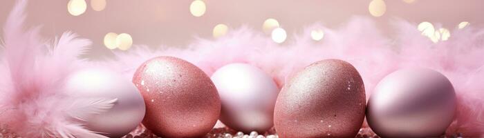 AI generated Enchanting, pink Easter background with eggs, bokeh lights and copy space for text. Soft, pastel colors. Tranquil and joyful scene. Perfect for holiday-themed designs. Panoramic banner. photo