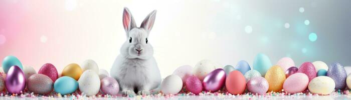 AI generated Beautiful Easter background with eggs, glitter, cute bunny and copy space for text. Soft, pastel colors. Tranquil and joyful scene. Perfect for holiday-themed designs. Panoramic banner photo