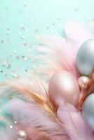 AI generated Enchanting Easter background with eggs, feathers, glitter and copy space for text. Soft, pastel colors. Tranquil and joyful scene. Perfect for holiday-themed designs, greeting cards. photo