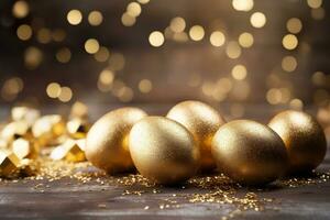 AI generated Beautiful, magical Easter background with golden eggs, glitter particles, bokeh lights and copy space. Perfect for holiday-themed designs, greeting cards. Celebration, festive mood. photo