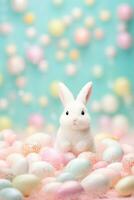 AI generated An adorable white bunny amidst a sea of speckled pastel Easter eggs against a backdrop of soft bokeh lights, ideal for holiday promotions, themed decor, and family-friendly content. photo