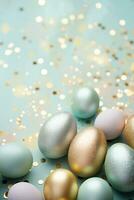 AI generated Enchanting Easter background with eggs, bokeh lights and copy space for text. Soft, pastel colors. Tranquil and joyful scene. Perfect for holiday-themed designs, greeting cards. photo