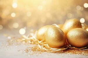 AI generated Beautiful, magical Easter background with golden eggs, glitter particles, bokeh lights and copy space. Perfect for holiday-themed designs, greeting cards. Celebration, festive mood photo