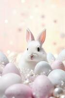 AI generated Beautiful Easter background with eggs, glitter, cute bunny and copy space for text. Soft, pastel colors. Tranquil and joyful scene. Perfect for holiday-themed designs, greeting cards. photo