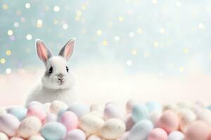 AI generated Beautiful Easter background with eggs, glitter, cute bunny and copy space for text. Soft, pastel colors. Tranquil and joyful scene. Perfect for holiday-themed designs, greeting cards. photo