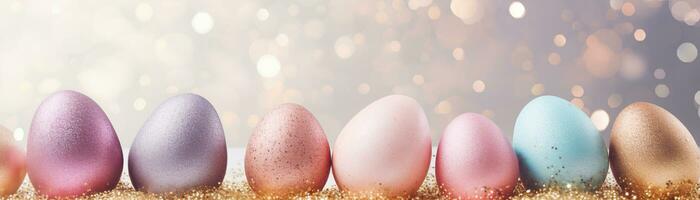 AI generated Enchanting Easter background with eggs, glitter, bokeh lights and copy space for text. Pastel colors. Tranquil and joyful scene. Perfect for holiday-themed designs. Panoramic banner. photo