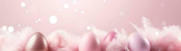 AI generated Enchanting, pink Easter background with eggs, feathers and copy space for text. Soft, pastel colors. Tranquil and joyful scene. Perfect for holiday-themed designs. Panoramic banner. photo