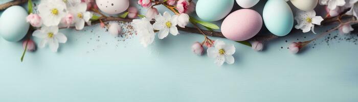 AI generated Enchanting Easter background with eggs, flowers and copy space for text. Soft, pastel colors. Tranquil and joyful scene. Perfect for holiday-themed designs. Panoramic banner. photo