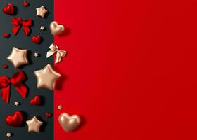 Glossy bows, gold and red hearts and stars on dual-tone red and dark background, perfect for romantic themes. Valentine's Day backdrop with copy space for text. Love and passion. 3D render. photo