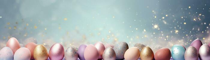 AI generated Enchanting Easter background with eggs, glitter, bokeh lights and copy space for text. Pastel colors. Tranquil and joyful scene. Perfect for holiday-themed designs. Panoramic banner. photo