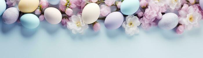 AI generated Enchanting Easter background with eggs, flowers and copy space for text. Soft, pastel colors. Tranquil and joyful scene. Perfect for holiday-themed designs. Panoramic banner. photo