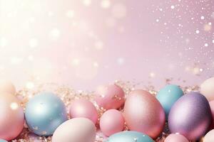AI generated Enchanting Easter background with eggs, glitter, bokeh lights and copy space for text. Soft pastel colors. Tranquil and joyful scene. Perfect for holiday-themed designs, greeting cards. photo