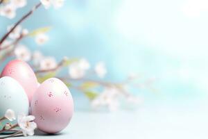 AI generated Enchanting Easter background with eggs, flowers and copy space for text. Soft, pastel colors. Tranquil and joyful scene. Perfect for holiday-themed designs, greeting cards. Generative AI. photo