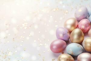 AI generated Enchanting Easter background with eggs, glitter, bokeh lights and copy space for text. Soft pastel colors. Tranquil and joyful scene. Perfect for holiday-themed designs, greeting cards. photo