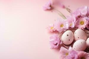 AI generated Pink Easter background with eggs, flowers and copy space for text. Soft, pastel colors. Tranquil and joyful scene. Perfect for holiday-themed designs, greeting cards. Generative AI. photo