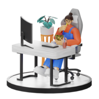 A Teenage Girl's Journey in 3D Illustration at the Computer Desk Free PNG