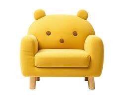 AI generated Cute and cozy children's yellow armchair with bear ear details, ideal for adding a playful touch to any kid's bedroom or play area, isolated on white background. Front view. photo