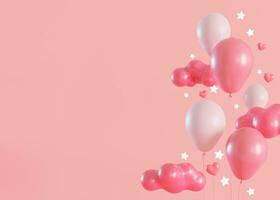 Pink background with helium balloons, clouds, glowing stars and copy space. Valentine's Day, Woman's, Mother's Day backdrop. Empty space for text. Postcard, greeting card design. Love. 3D. photo