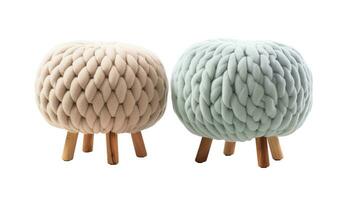 AI generated Two chunky knit poufs in beige and light blue with wooden legs, isolated on white background, perfect for modern, Scandinavian interior design, kids rooms. Cut out furniture. Front view. photo