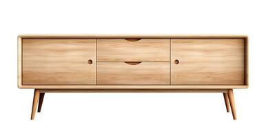 AI generated Modern natural oak sideboard with streamlined drawers, angled legs, presenting minimalist aesthetic for contemporary home. Isolated on white background. Cut out furniture. Front view. photo