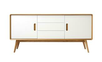 AI generated Scandinavian-inspired sideboard with white doors, wooden frame, offering sleek and minimalist look ideal for modern homes, isolated on white background. Cut out furniture. Front view. photo