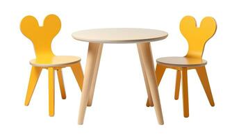 AI generated Kids table and chairs set in wood, ideal for playtime, crafts, or snack time in child-friendly space. Isolated on white background. Cut out children's room furniture. Front view. photo