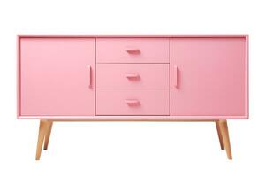 AI generated Vibrant, pink, modern sideboard with sleek handles and splayed wooden legs, a bold statement piece for playful interiors, isolated on white background. Cut out furniture. Front view. photo