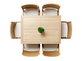 AI generated Overhead view of dining set with a wooden table, matching chairs, and decorative plant, evoking a warm, inviting ambiance. Isolated on white background. Cut out furniture. Top view. photo