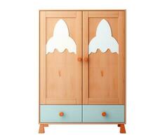 AI generated Children's wardrobe with playful rockets on the doors and soft blue drawers, ideal for a themed nursery. Isolated on white background. Cut out children's room furniture. Front view photo