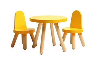 AI generated Bright yellow kids table and chair set with natural wood legs, perfect for a vibrant playroom or nursery. Isolated on white background. Cut out children's room furniture. Front view. photo