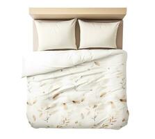 AI generated Bed with botanical print duvet, beige pillows, and modern wooden headboard, showcasing blend of comfort and style. Double bed isolated on white background. Cut out furniture. Top view. photo