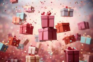 ai generado muchos rosado regalo cajas con un arco en festivo reluciente bokeh antecedentes foto