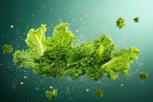 AI generated Green fresh lettuce leaf with water droplet on green background. salad under water splash. photo