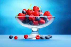 AI generated Fresh juicy berries strawberry, blackberry, blueberry in a glass bowl on blue background photo