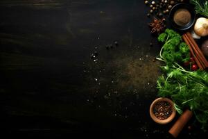 AI generated Set of various spices and herbs on dark wooden background with copy space photo