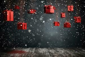 AI generated Many red gift boxes with a bow on festive glittering bokeh dark black background photo