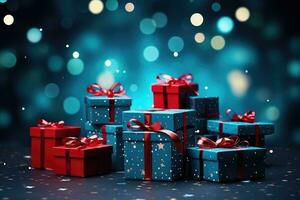 AI generated Red and blue gift boxes on festive blue defocused background. photo