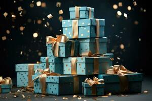 AI generated Many blue gift boxes with a bow on festive glittering bokeh dark blue background photo