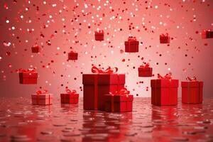 AI generated Many red gift boxes with a bow on festive dark background. Present boxes levitation. photo