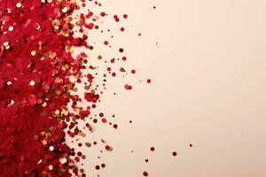 AI generated Abstract festive white background with golden and red sparkle confetti circles. photo