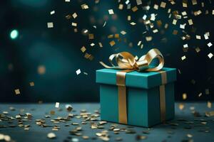 AI generated Green gift box with a bow on festive background with splash of golden confetti.. photo