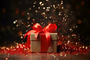 AI generated golden gift box with a bow and red confetti on festive glittering bokeh background. photo