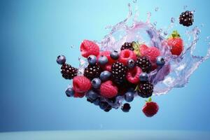 AI generated Fresh berries strawberry, blackberry, raspberry, blueberry in water splash on blue background. photo